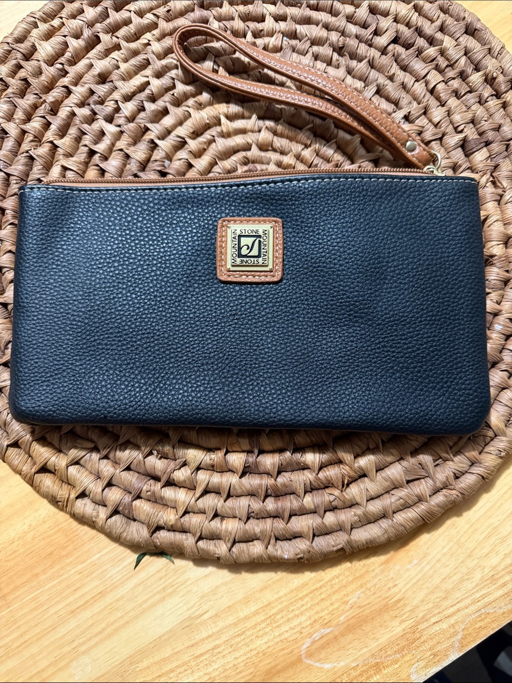 Mountain Stone Pebbled Leather Wristlet with Brown Trim